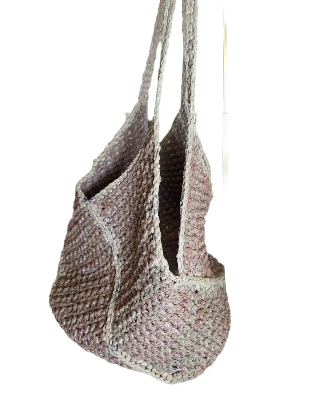 Upcycled Woven Plarn Tote Bag Eco-Friendly Boho Double Strap Shoulder Bag